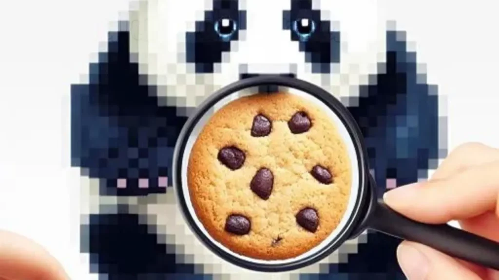 un panda che mangia un biscotto - è formato da piccoli puntini, come i pixel in una foto