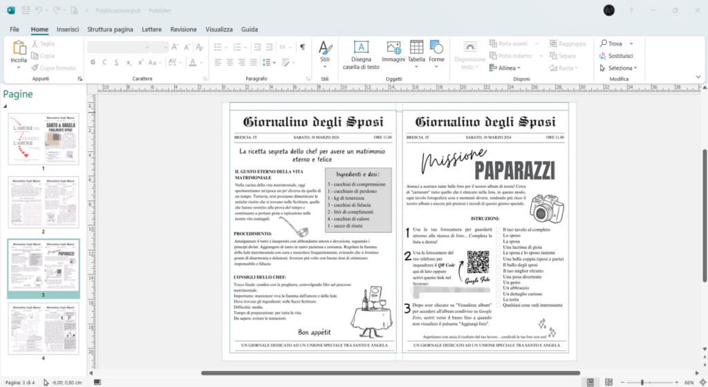 schermata di Publisher in cui si vedono le anteprime delle pagine a sinistra e una pagina del giornalino degli sposi al centro più grande