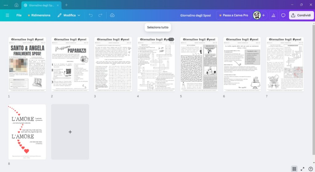 schermata di Canva con tutte le anteprime del giornalino degli sposi 