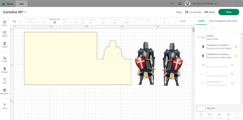 Progetto in Cricut Design Space per la creazione di cartolina scenografica, con sagome di cavalieri e cartolina base