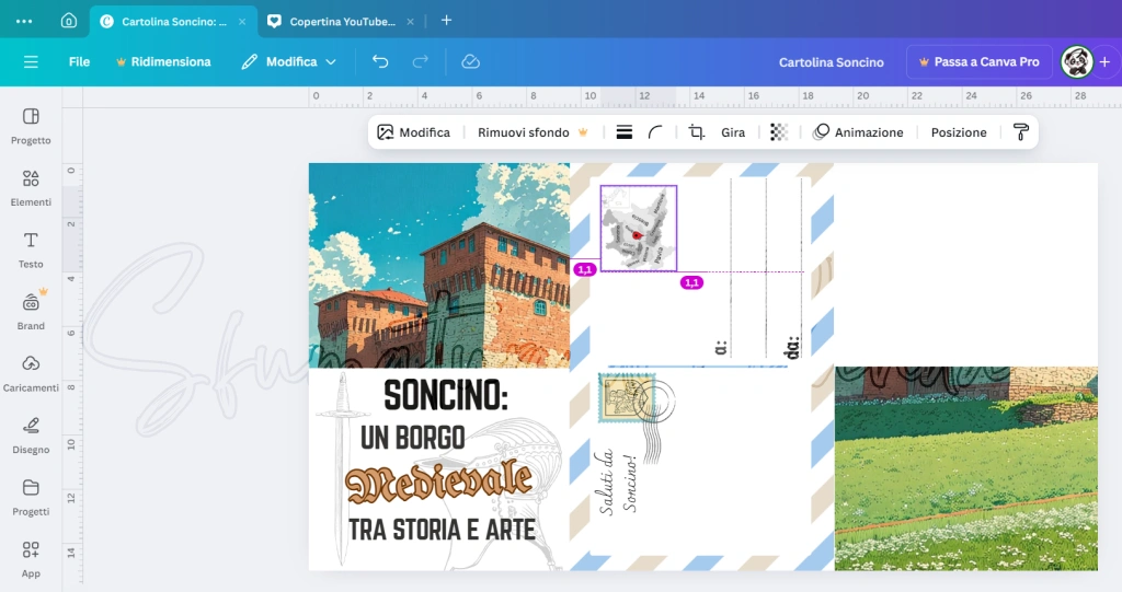 Screenshot di Canva. Progettazione grafica della base per la cartolina scenografica ispirata a Soncino.